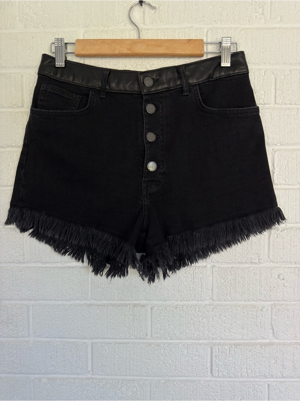 Maje Black Denim Shorts with Faux Leather Waistband and Frayed Hem